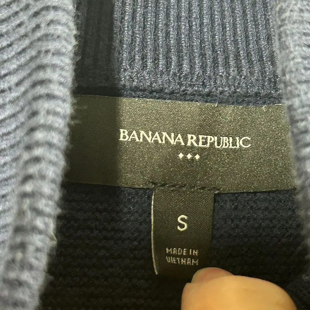 Banana Republic Navy Blue 1/4 Zip Sweater Suede Shoulder Patches Size S